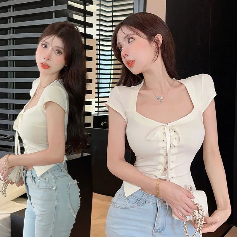 Square Neck Ribbon Lace-up Top fashionnsio