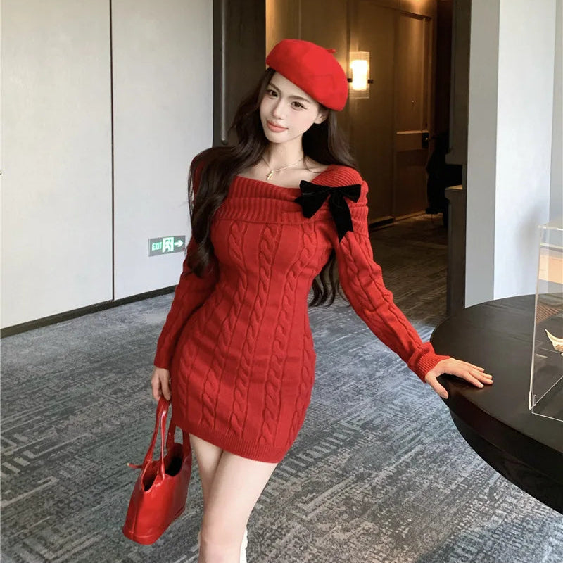Sweater Knit Mini Bow Dress - Fashionnsio
