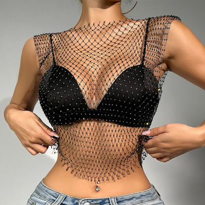 Rhinestone See Through Net Top