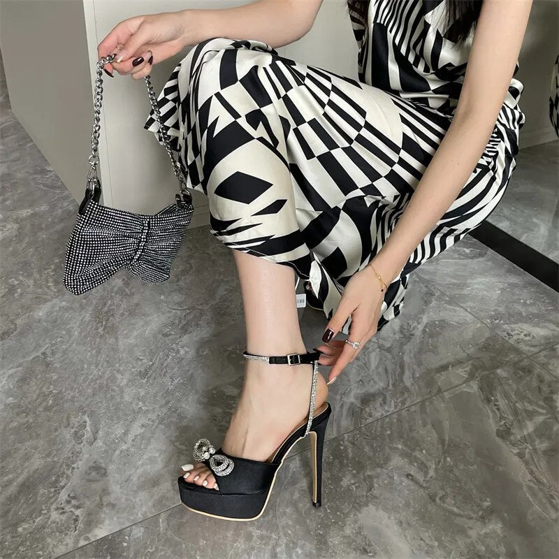 Rhinestone Bow Knot Crystal Ankle Strap Heels