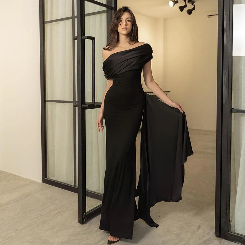 Off Shoulder Ribbon Fold Long Dress