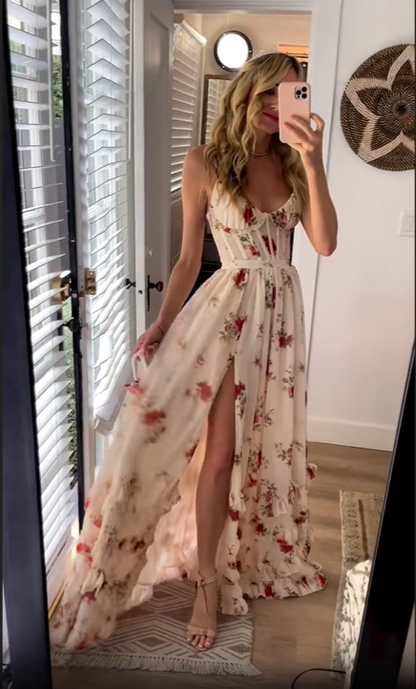 Floral Ruffle Slit Dress fashionnsio