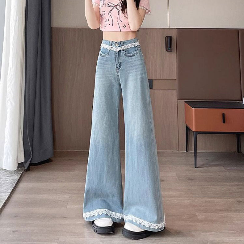 Wide Leg Trim Lace Jeans - Fashionnsio