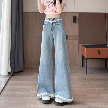 Wide Leg Trim Lace Jeans - Fashionnsio