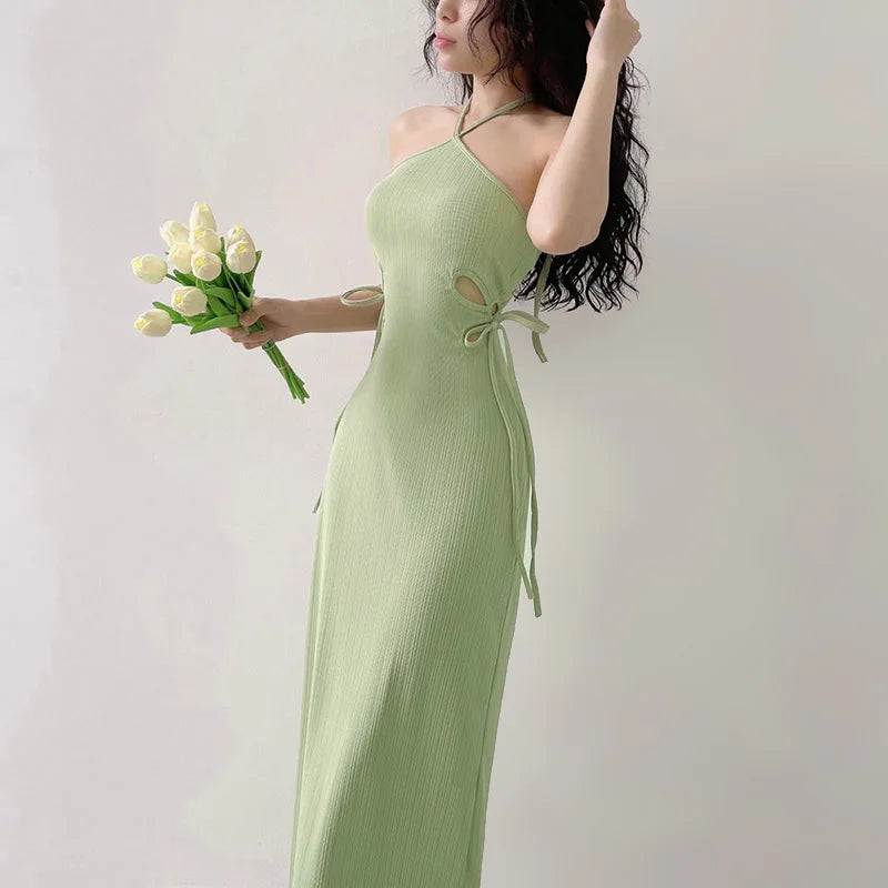 Halter Cut-out Ribbon Long Dress