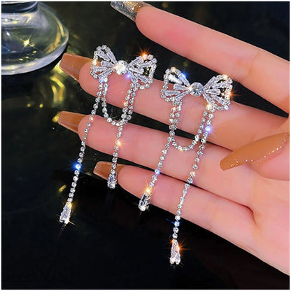 Bowknot Long Zircon Tassel Earrings fashionnsio