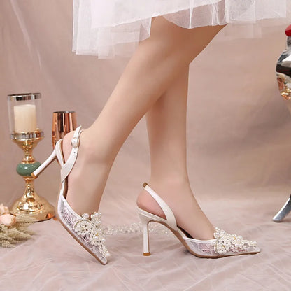 Pearl Crystal Lace White heel