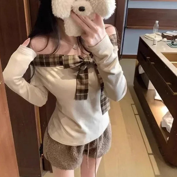 Off Shoulder Plaid Bow Top