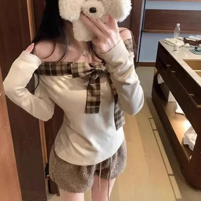 Off Shoulder Plaid Bow Top