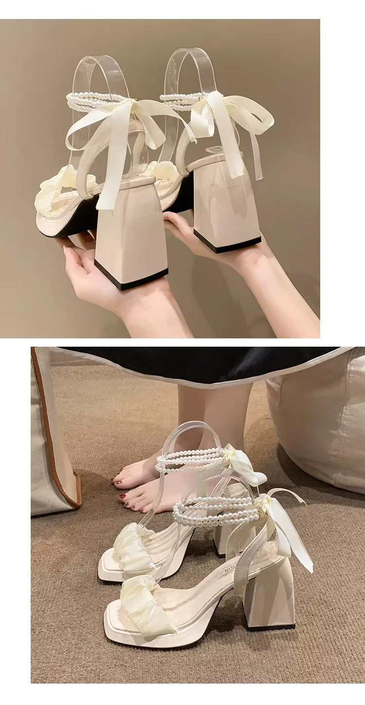 Bow Ribbon Pearl Chunky Heels