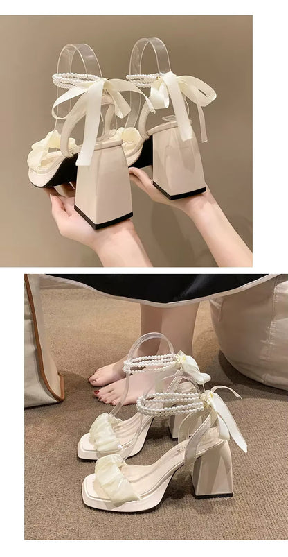 Bow Ribbon Pearl Chunky Heels