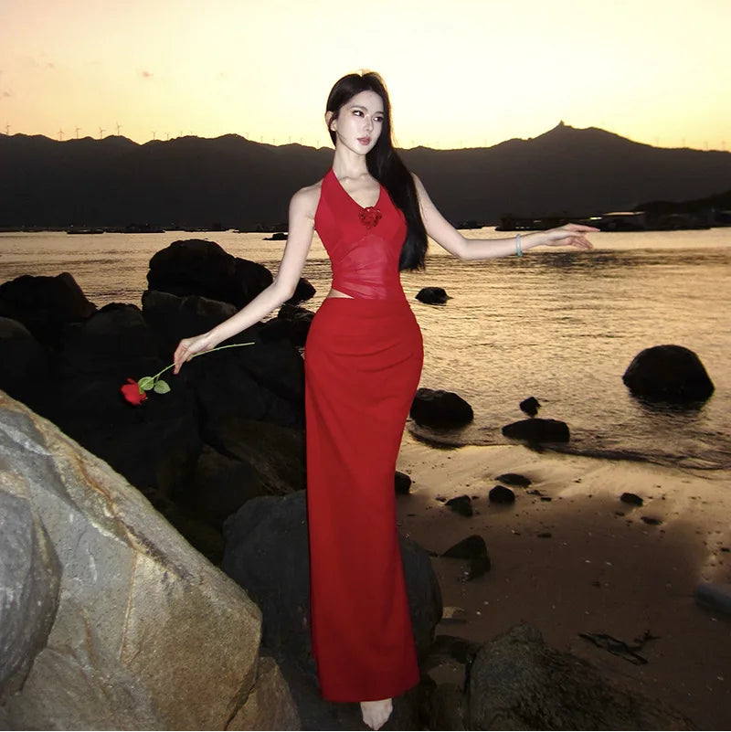 Mesh Splicing Halter Long Dress - Fashionnsio