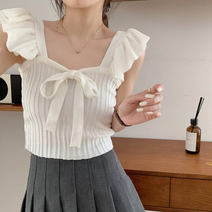 Ruffle Lace Up Knitted Top