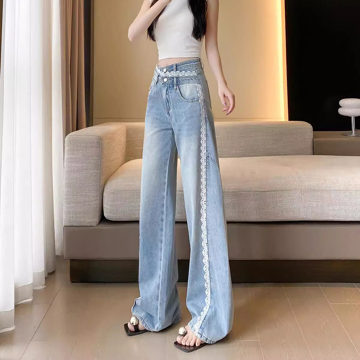 Wide Leg Trim Lace Jeans - Fashionnsio
