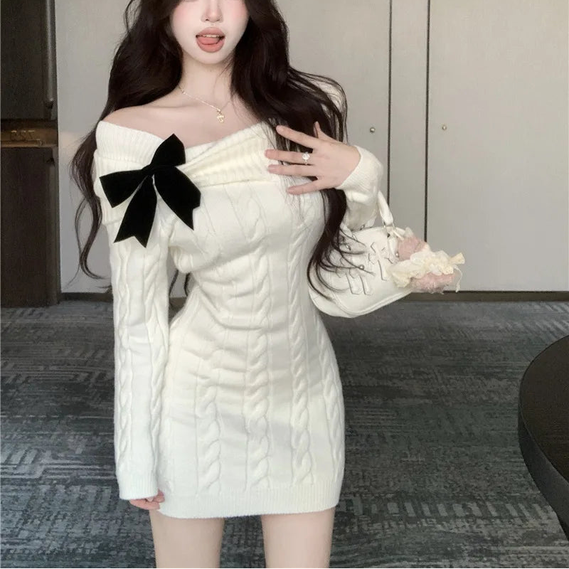 Sweater Knit Mini Bow Dress - Fashionnsio