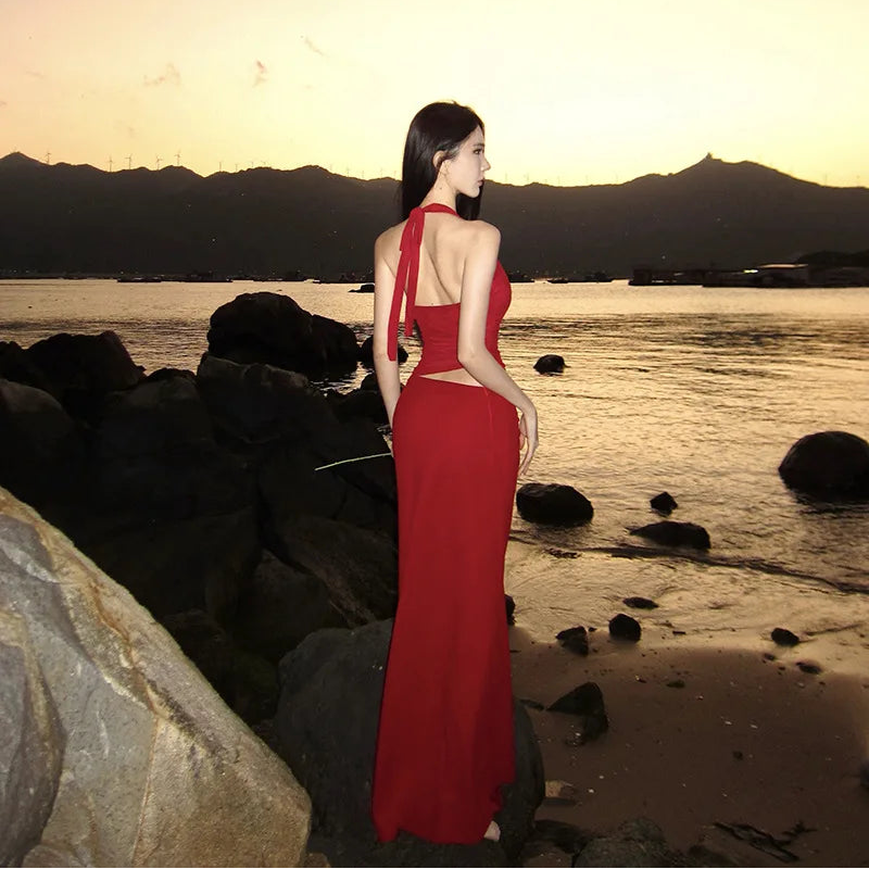 Mesh Splicing Halter Long Dress - Fashionnsio