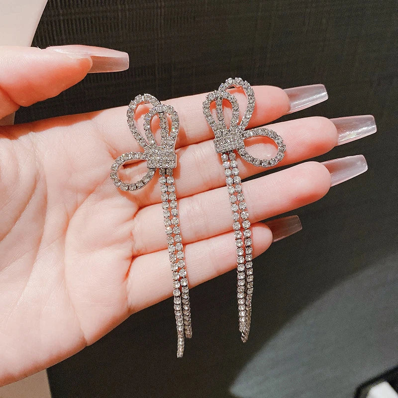 Rhinestone BowKnot Long Tassel Earrings fashionnsio