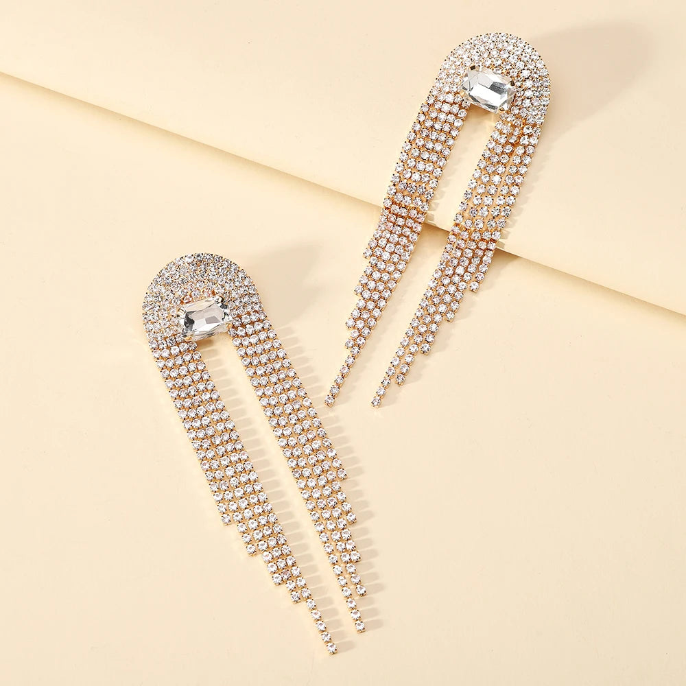 Shiny Long Crystal Tassel Drop Earrings fashionnsio