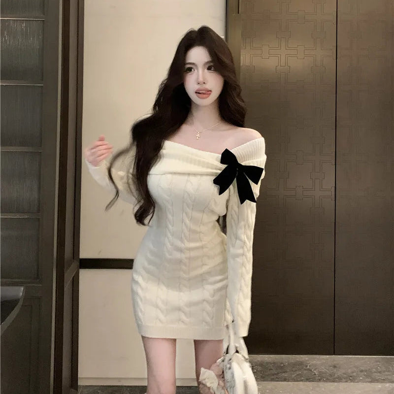 Sweater Knit Mini Bow Dress - Fashionnsio