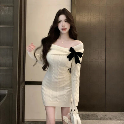 Sweater Knit Mini Bow Dress - Fashionnsio