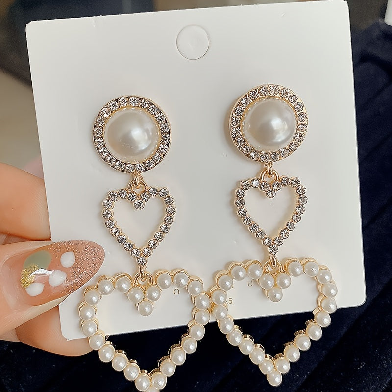 Pearl Heart Rhinestone Drop Earrings fashionnsio