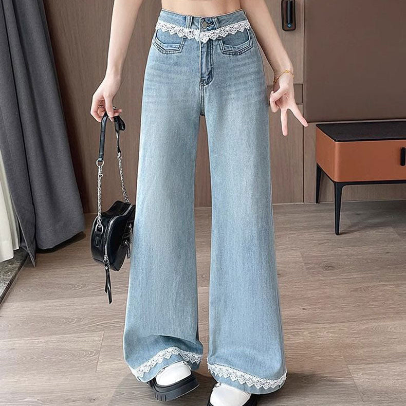 Wide Leg Trim Lace Jeans - Fashionnsio