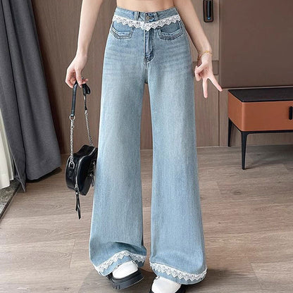 Wide Leg Trim Lace Jeans - Fashionnsio