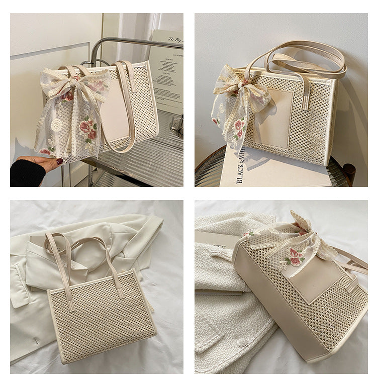 Flower Embroidery Woven Tote Bags - Fashionnsio