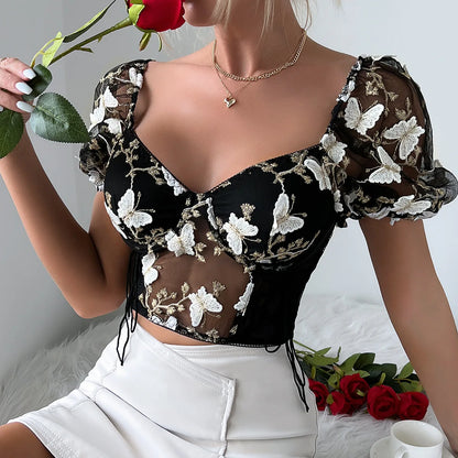 Butterfly Embroidered Lace Up Corset Top