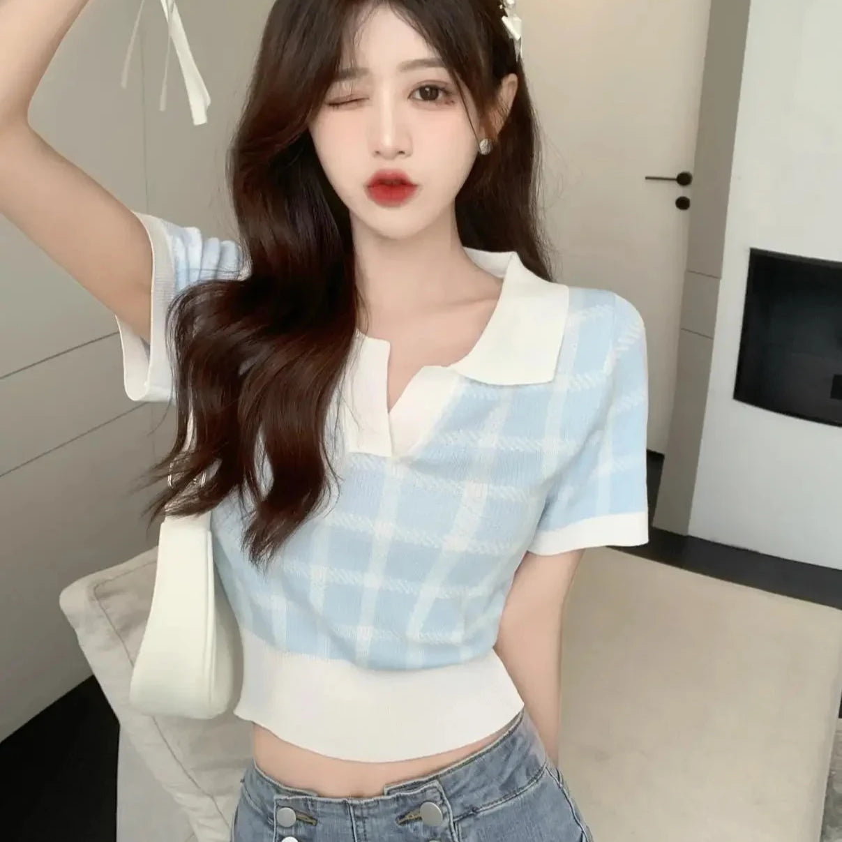 Korean Knitted Plaid Top