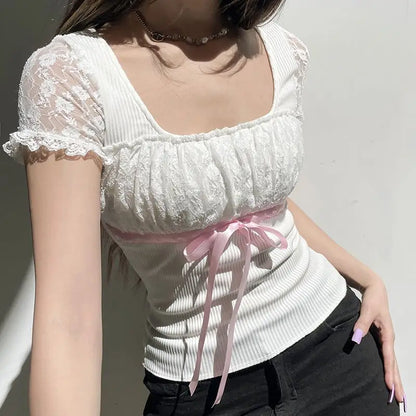 Ribbon Bow Lace Patchwork Top