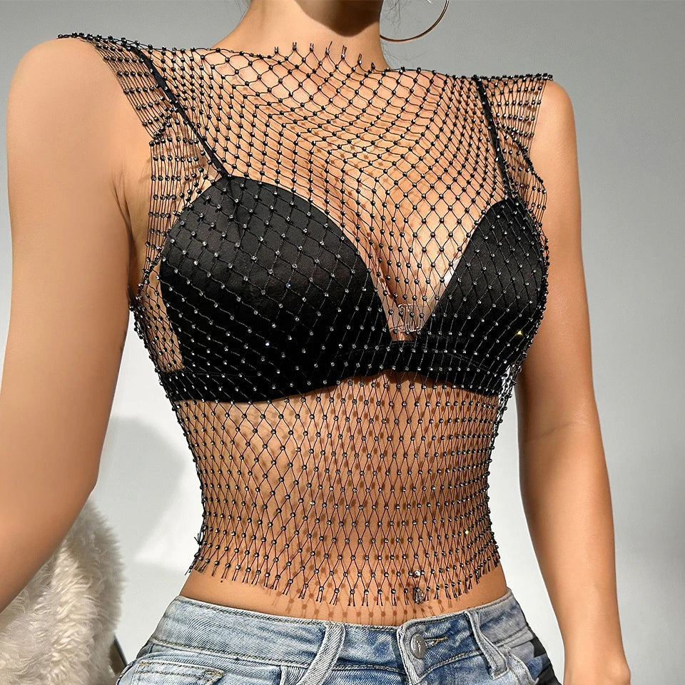 Rhinestone See Through Net Top