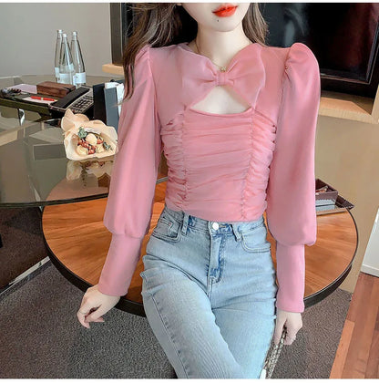 Puff Sleeve Bow Mesh Pleated Top fashionnsio