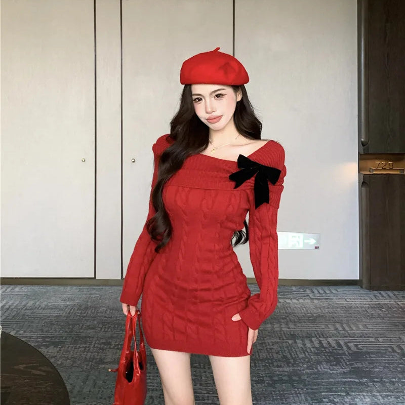 Sweater Knit Mini Bow Dress - Fashionnsio