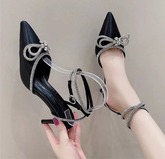 Black Bow Knot Rhinestone Heel