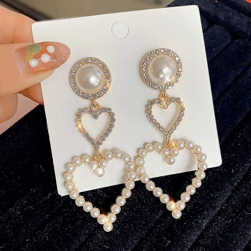 Pearl Heart Rhinestone Drop Earrings fashionnsio