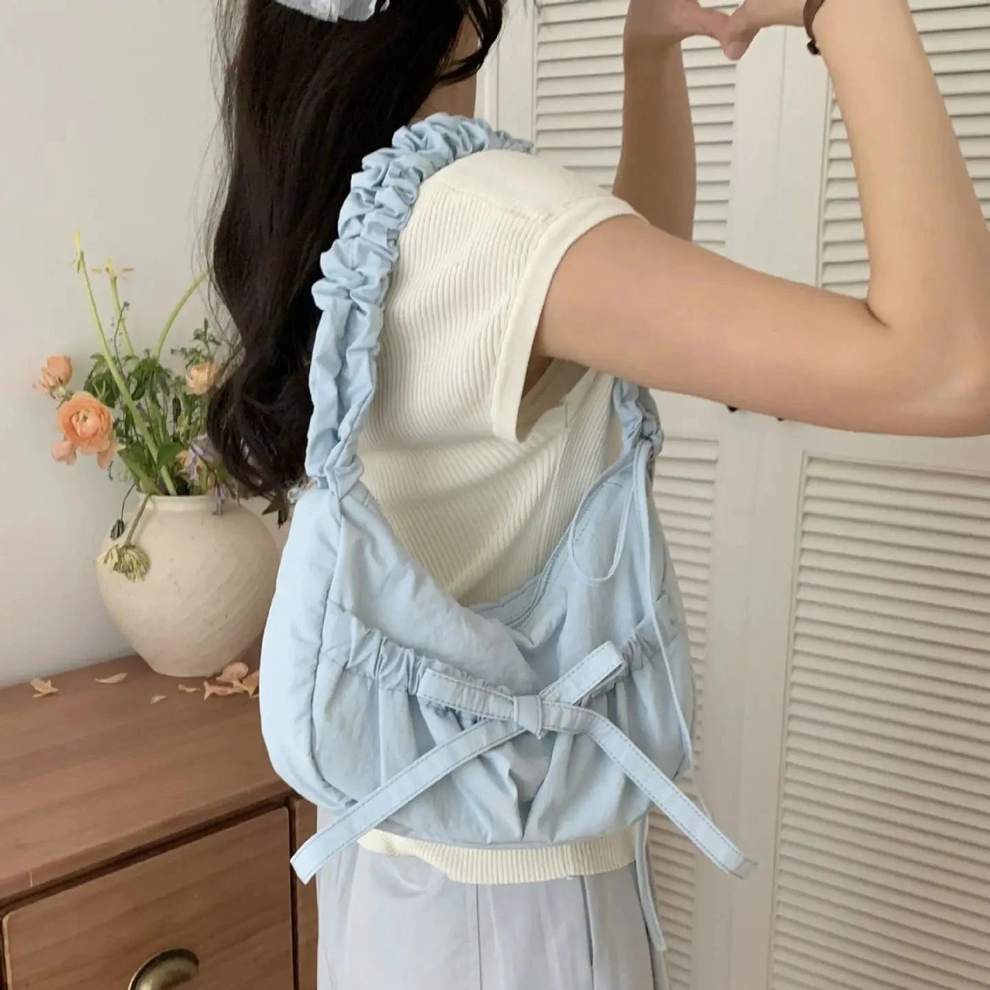 Bow Drawstring Pleated Shoulder Bags