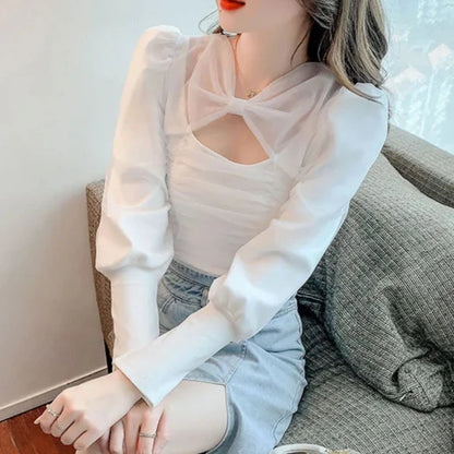 Puff Sleeve Bow Mesh Pleated Top fashionnsio