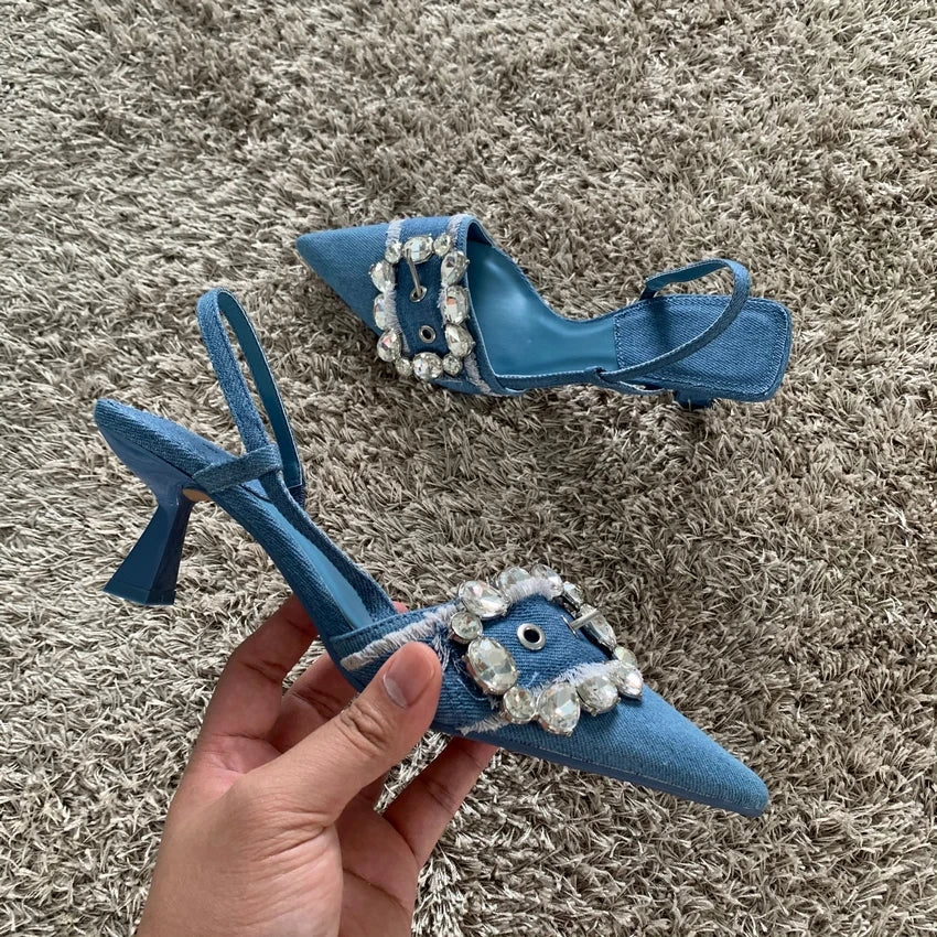 Denim Rhinestone Buckle Heels