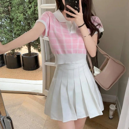 Korean Knitted Plaid Top