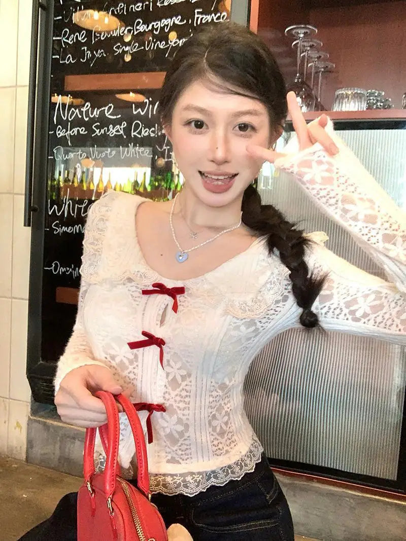 Collar Lace Long Sleeve Top - Fashionnsio