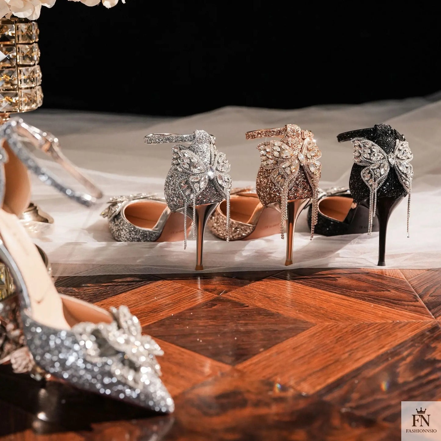 Sequin Rhinestone Tassel Bow Heels - Fashionnsio