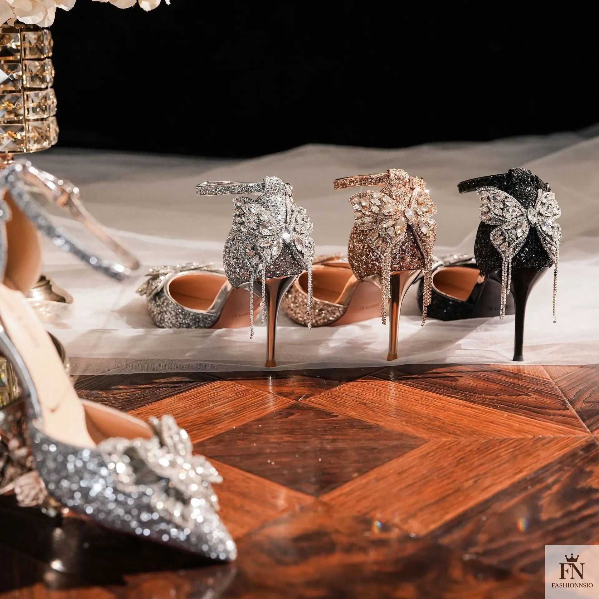 Sequin Rhinestone Tassel Bow Heels - Fashionnsio