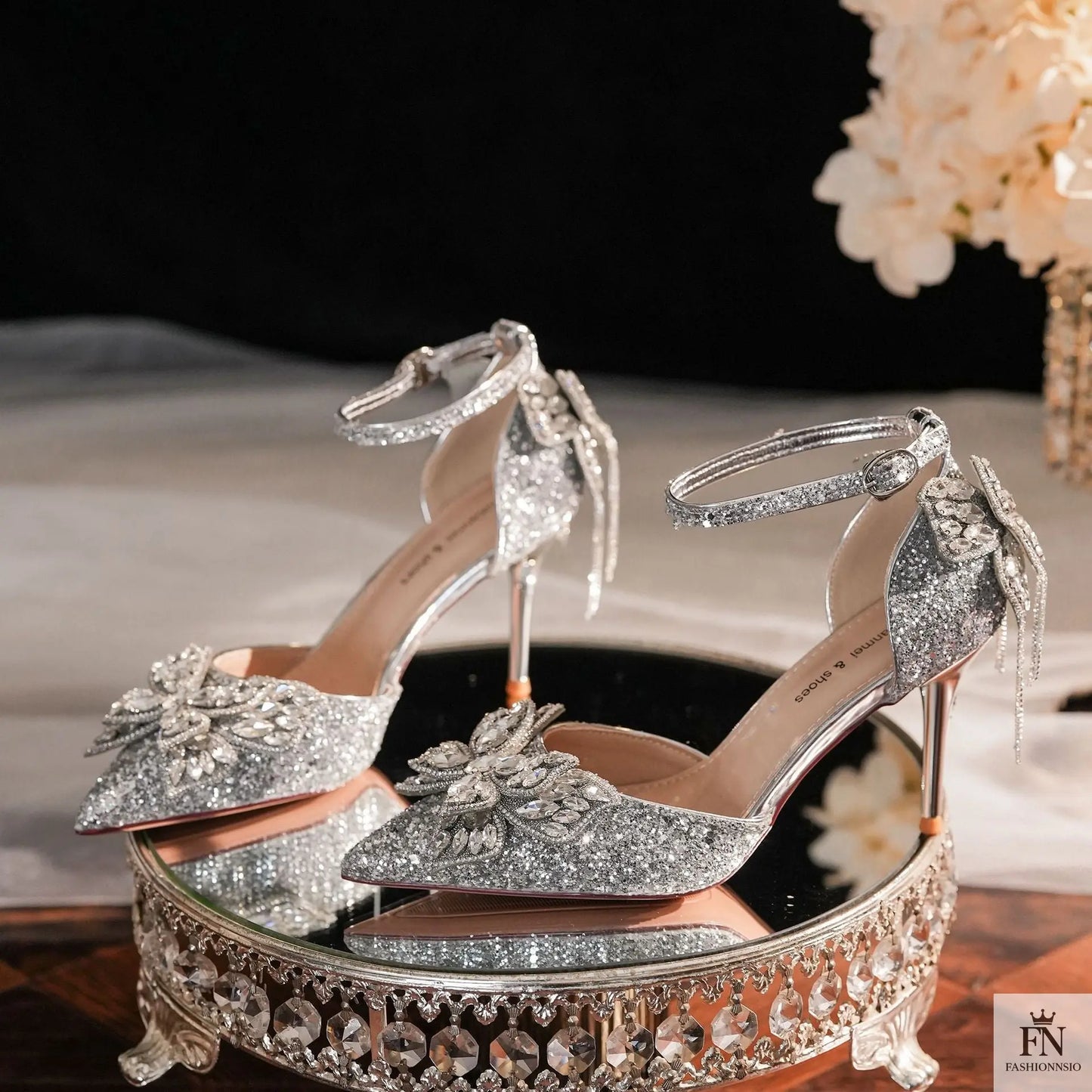 Sequin Rhinestone Tassel Bow Heels - Fashionnsio