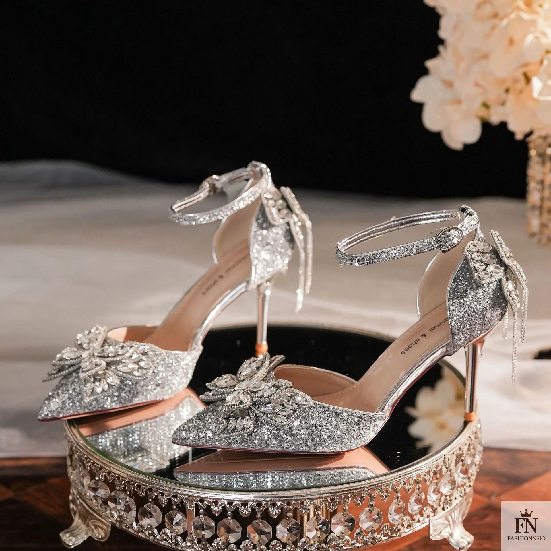 Sequin Rhinestone Tassel Bow Heels - Fashionnsio