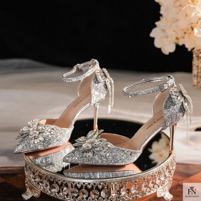 Sequin Rhinestone Tassel Bow Heels - Fashionnsio