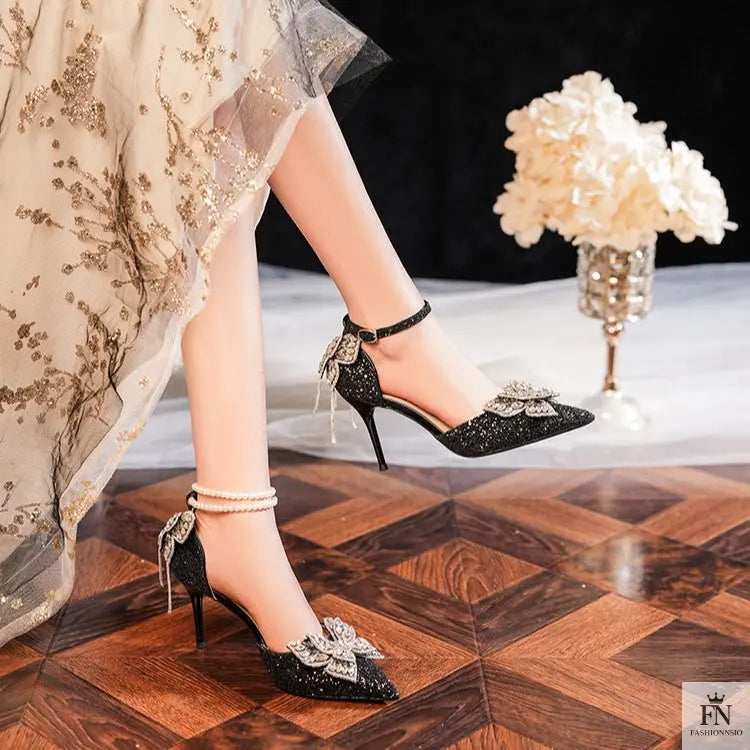 Sequin Rhinestone Tassel Bow Heels - Fashionnsio