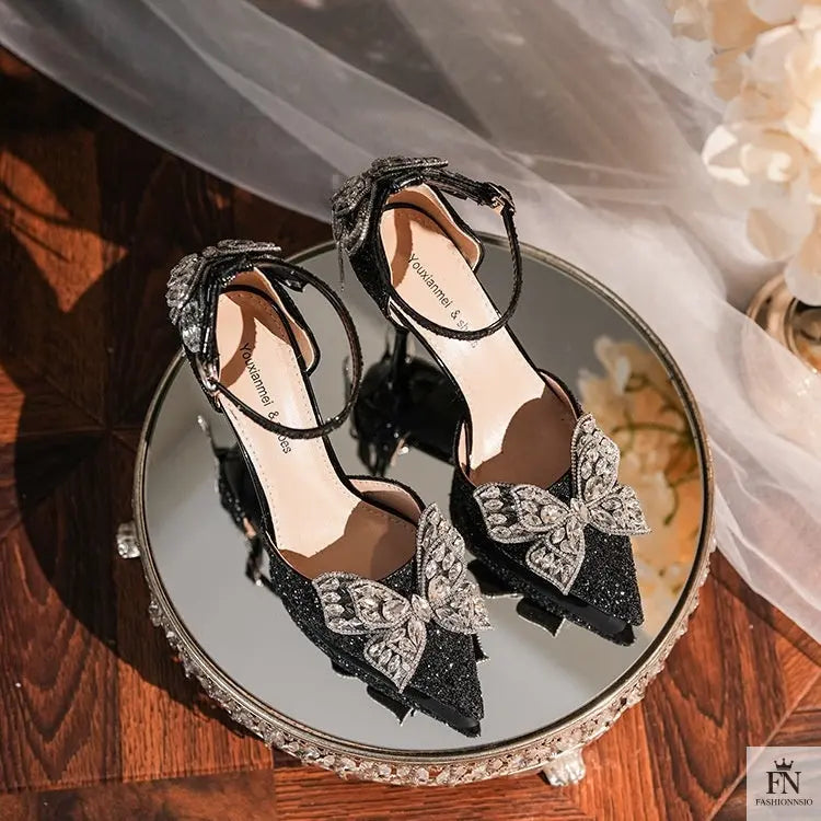 Sequin Rhinestone Tassel Bow Heels - Fashionnsio