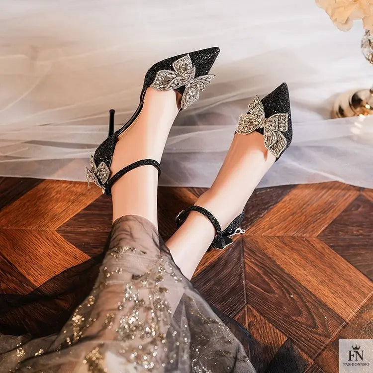 Sequin Rhinestone Tassel Bow Heels - Fashionnsio