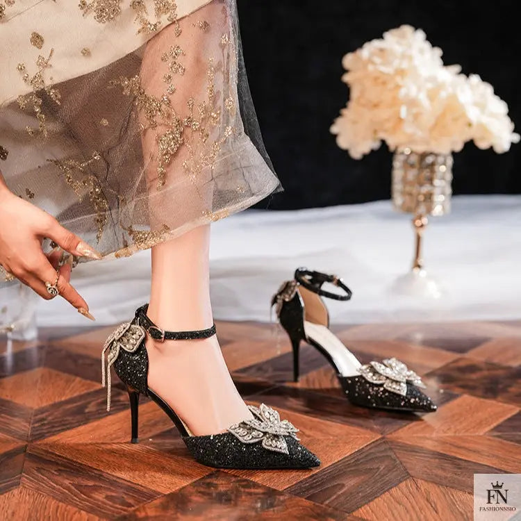 Sequin Rhinestone Tassel Bow Heels - Fashionnsio